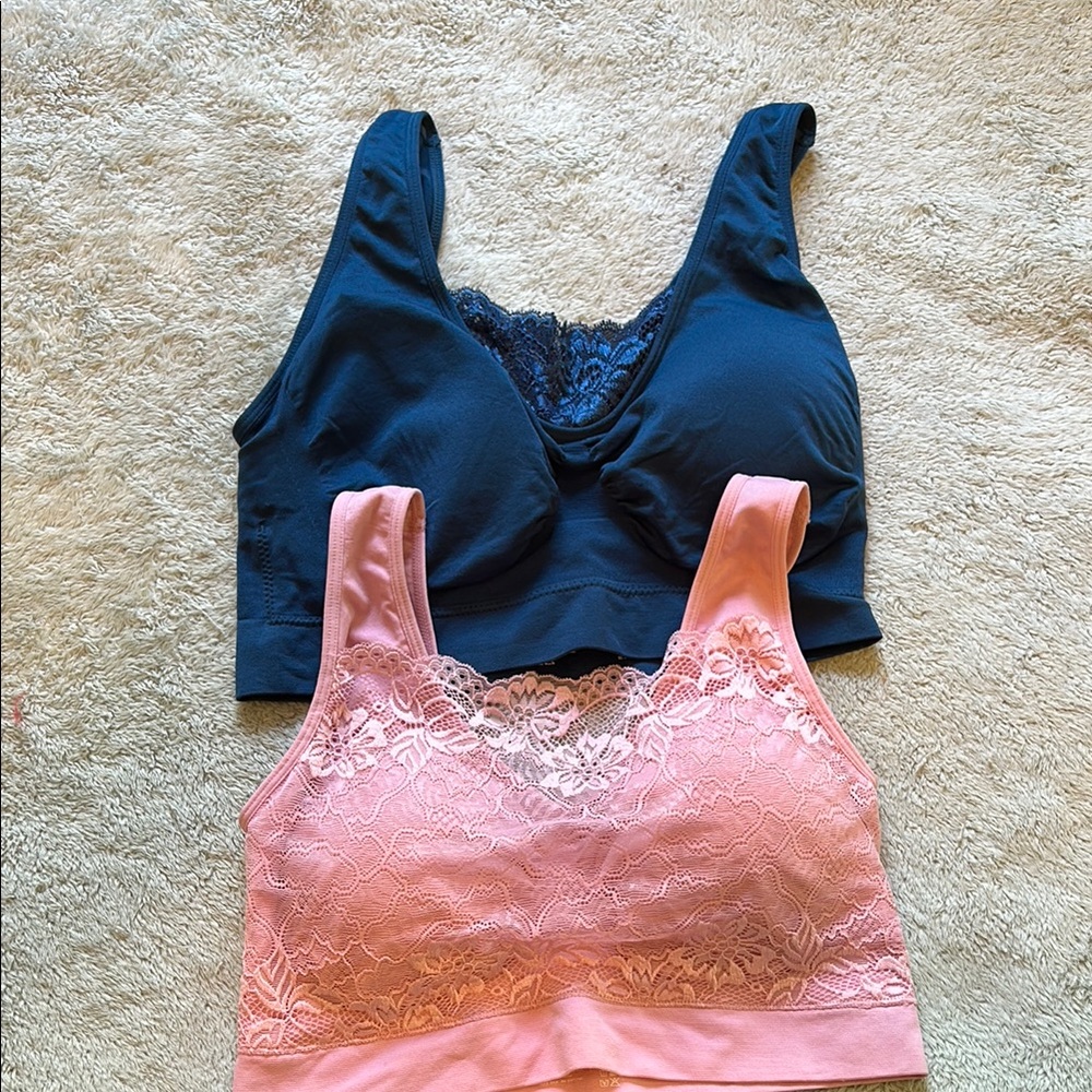 Rhonda Shear Lace Detail Bras Set • Plus 1X • Teal & Pink • New Wireless Comfort